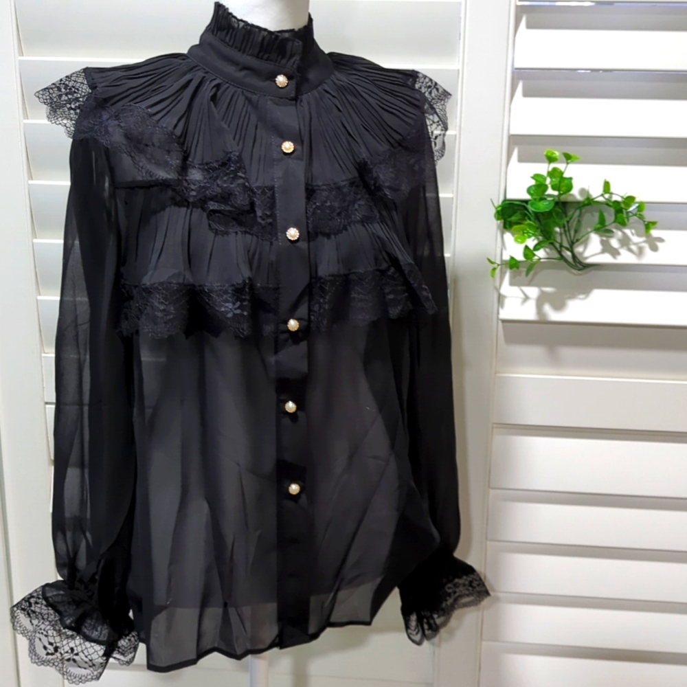 New Palace Black Pearl Button Chiffon Lace Blouse